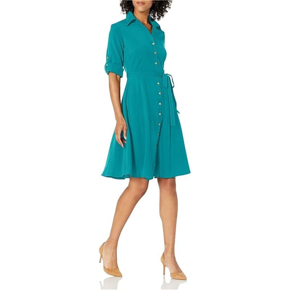 Sharagano Womens Petite Button Front Belted Shirt Dress, NWT